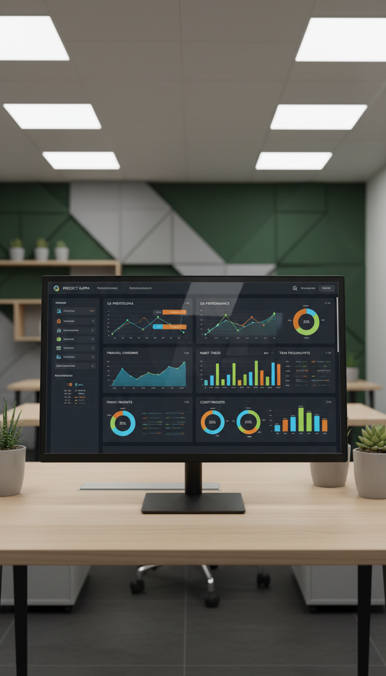 A structured digital dashboard interface displayed crisply on a frameless, ultra-thin monitor with a matte black bezel, set atop a minimalist desk of pale wood. The environment suggests a high-tech office suite with geometric wall panels in soft gray and deep green tones and strategically placed potted succulents for organic texture. Clean, white LED panel lights above create balanced, even lighting, illuminating the setup without glare while subtle reflections appear on the monitor's screen. The mood is precise, innovative, and focused, with a straight-on camera angle emphasizing symmetry and order. The photographic style is modern, with a sharp depth of field, highlighting the intersection of technology and consulting expertise.